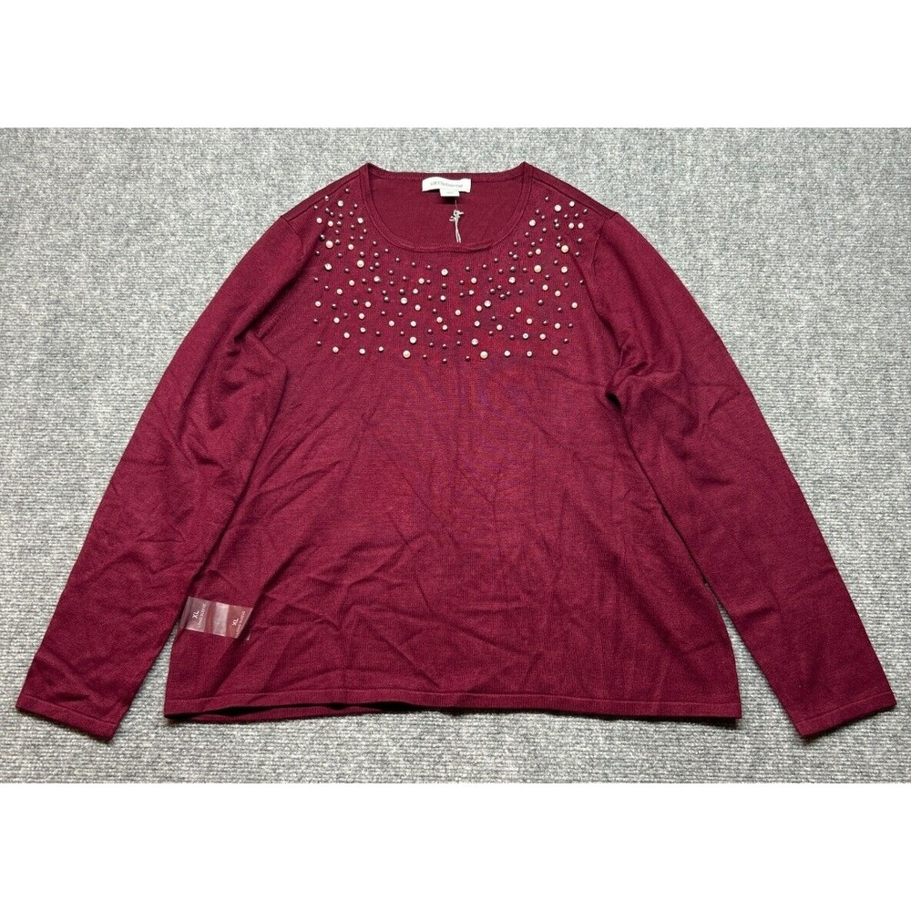Liz Claiborne Sweater Womens Size XL Burgundy Passion Beaded Round Neck New